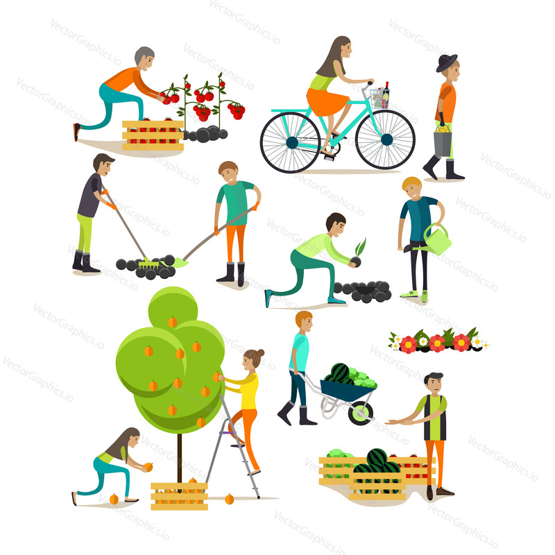 Vector set of garden people characters isolated on white background. Gardening concept design elements, icons in flat style.