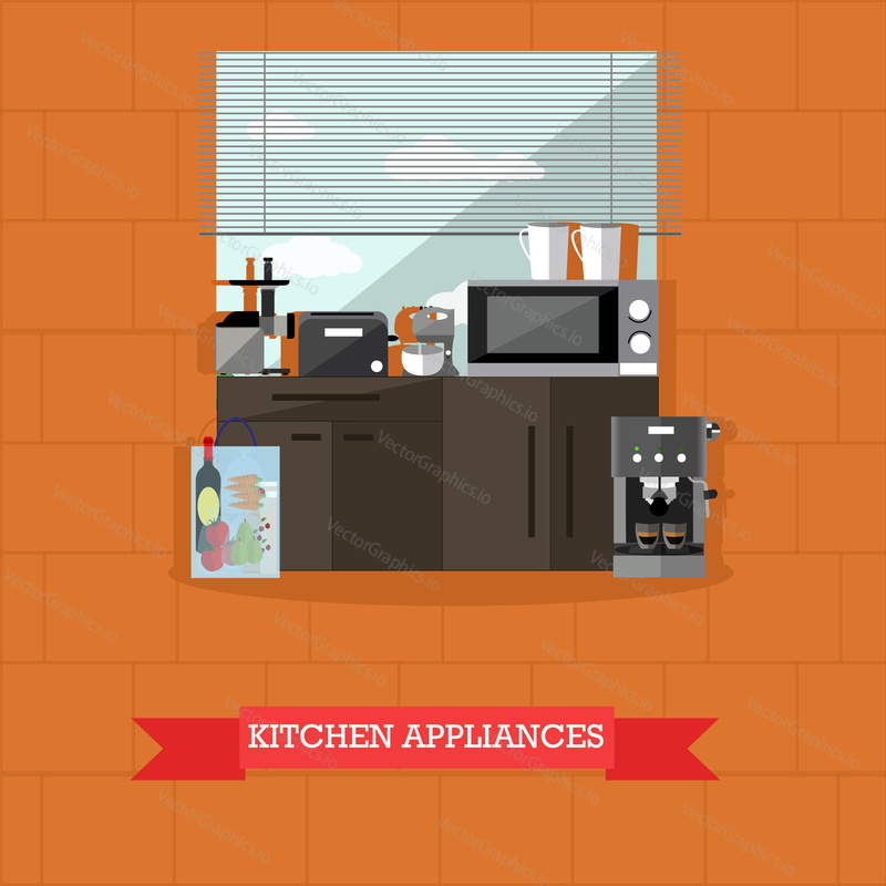 Vector illustration of kitchen interior with kitchen appliances in flat style. Microwave, toaster, mixer, blender, coffee maker, kettle, furniture.