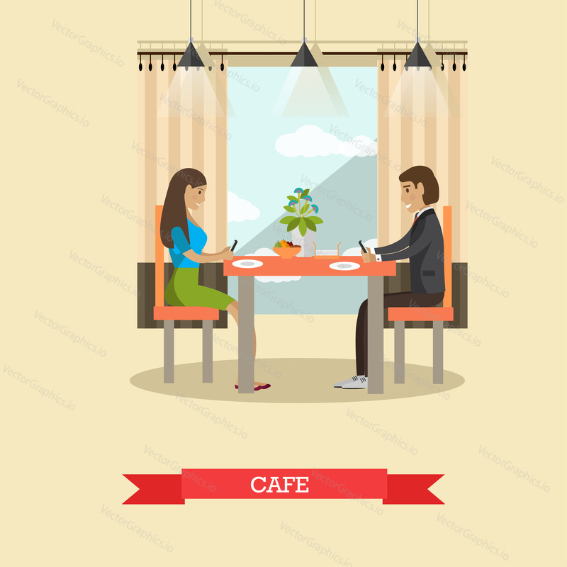 Vector illustration of young man and woman sitting at the table in cafe and making use of smart phone or cell phone. Modern gadgets concept design element in flat style.