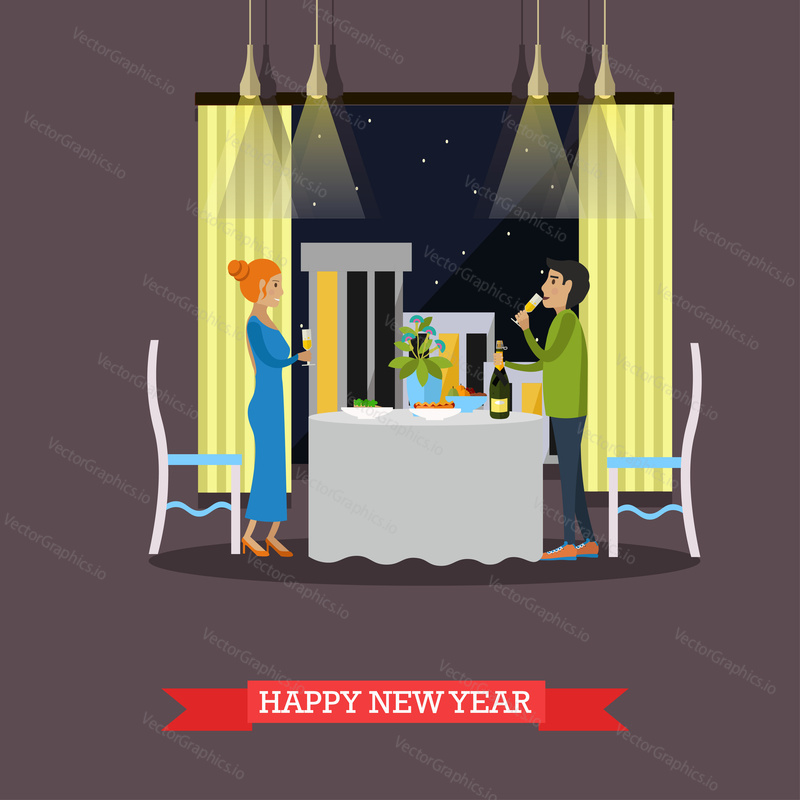 Vector illustration of man and woman with glasses of champagne. Festive dinner. New Years Eve celebration design element in flat style.