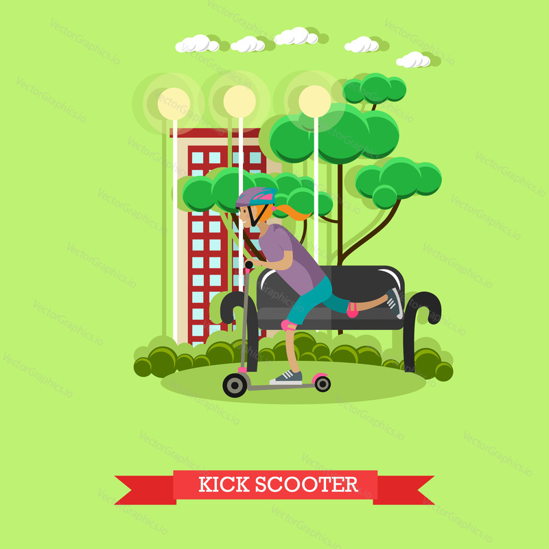 Vector illustration of a girl riding kick scooter. Push scooter concept design element in flat style.