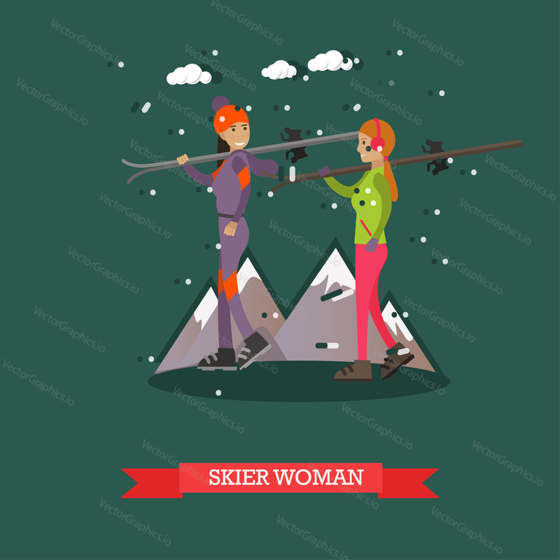 Vector illustration of skiers women with skis talking to each other. Cartoon characters. Winter sports and recreation concept design element in flat style.