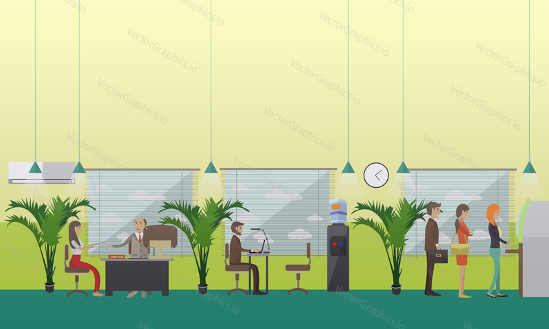 Vector illustration of bank office with manager, financial consultant and clients. People waiting in line for cash money. Banking concept design element in flat style
