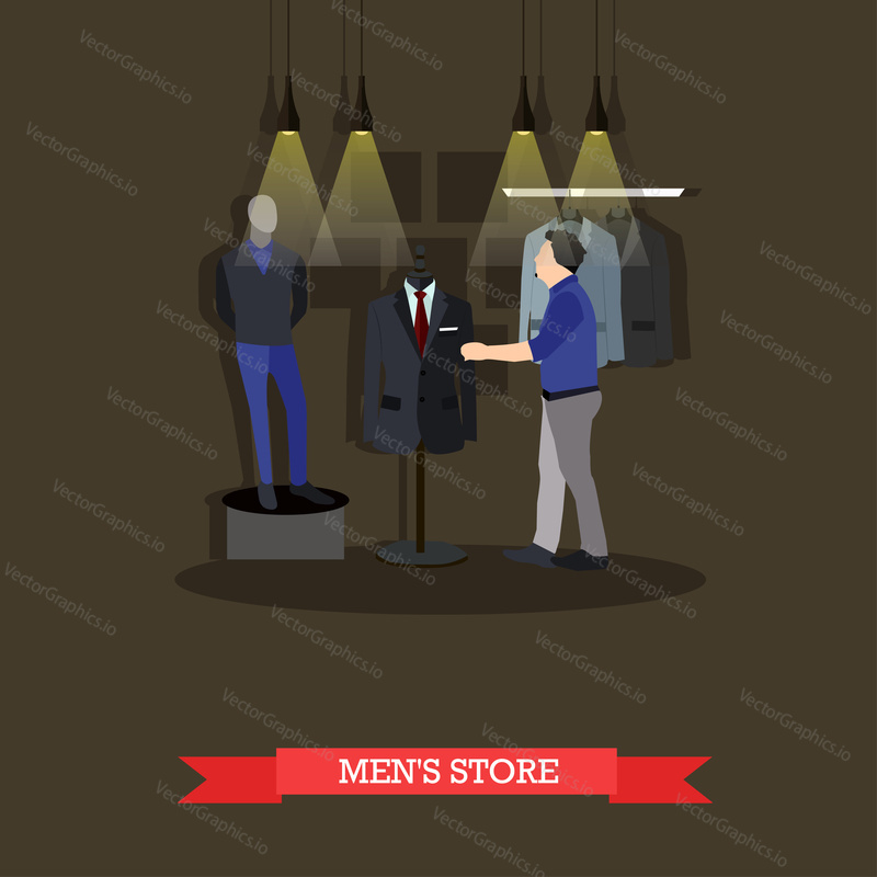 Vector illustration of fashion mens store interior in flat style. Man is going to do shopping. Mannequin in casual clothes.
