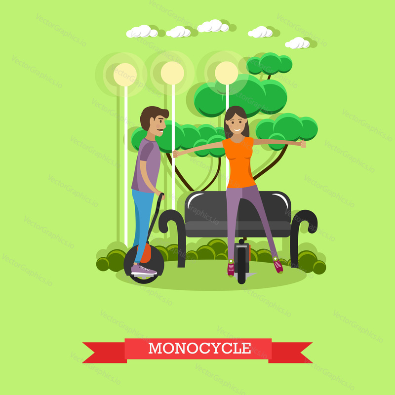 Vector illustration of young couple riding monocycle. One-wheeled, self-balancing electric unicycle concept design element in flat style.