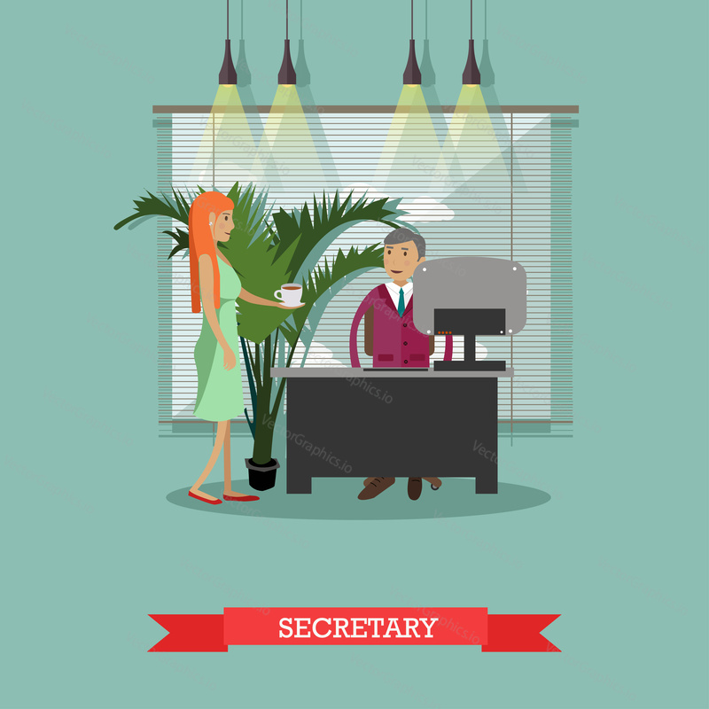 Vector illustration of secretary with a cup of coffee for executive manager in flat style. Personal assistant character, office interior.