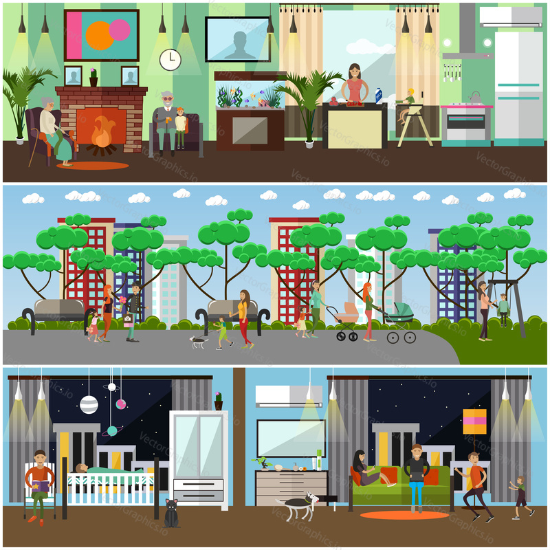 Vector set of family concept design elements in flat style. Parents cooking, walking in the park with their children, reading bedtime stories. Grandparents taking rest at fireplace. Family lifestyle.