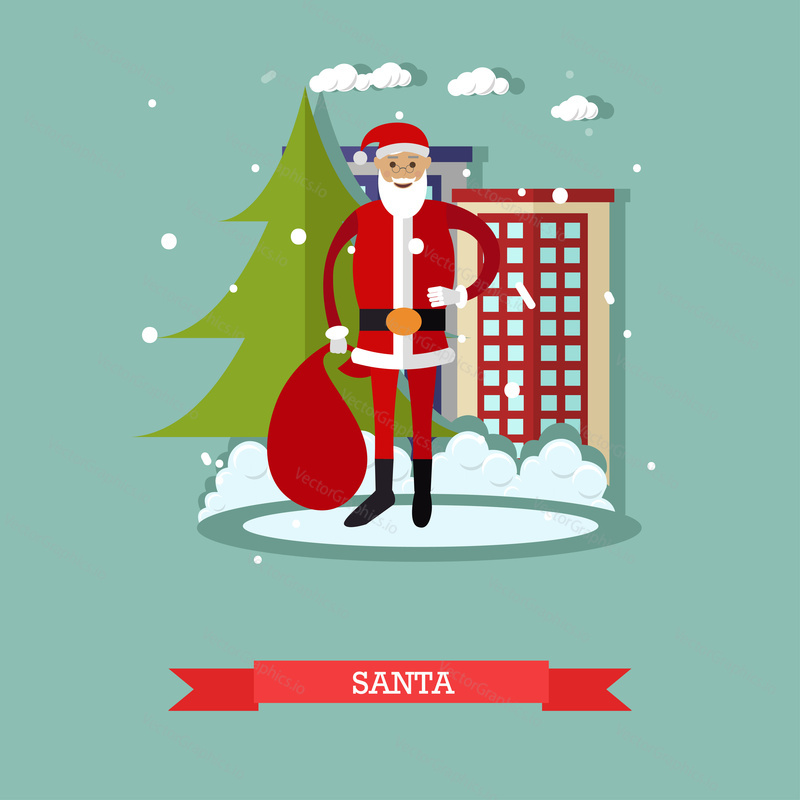 Vector illustration of Santa Claus with sack full of presents. It is snowing. Winter cityscape. Cartoon character. Merry Christmas and Happy New Year design element in flat style.
