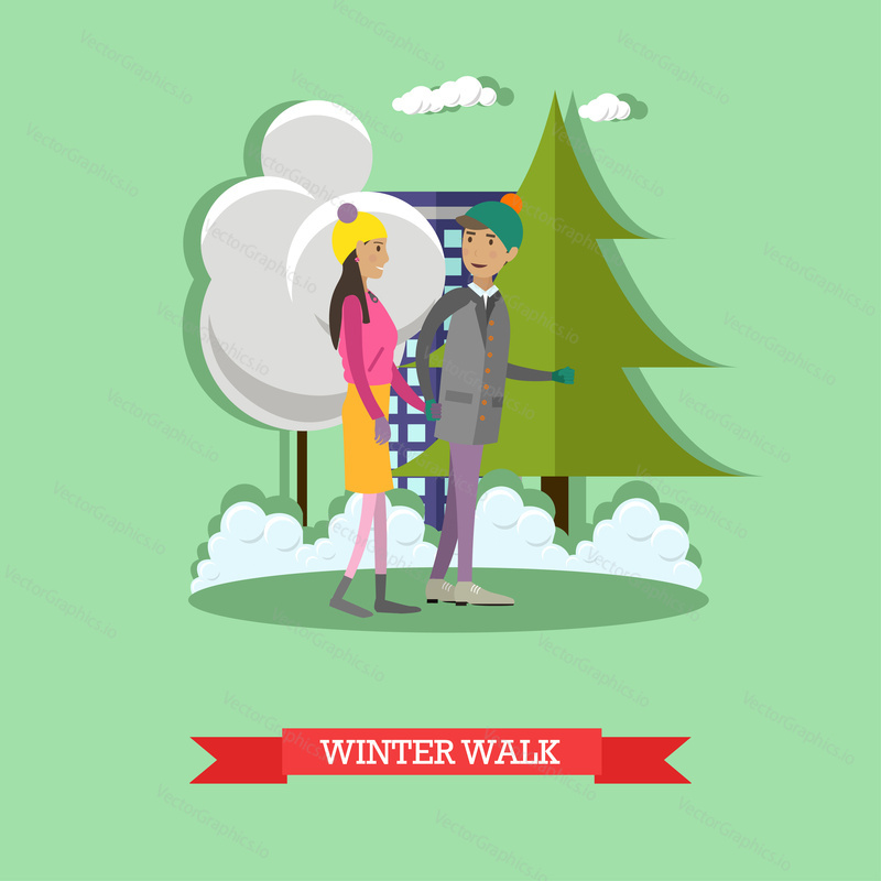 Vector illustration of young couple walking in the street. Girl and boy holding hands. Winter cityscape, snowy street, trees. Winter people activities concept design elements in flat style.