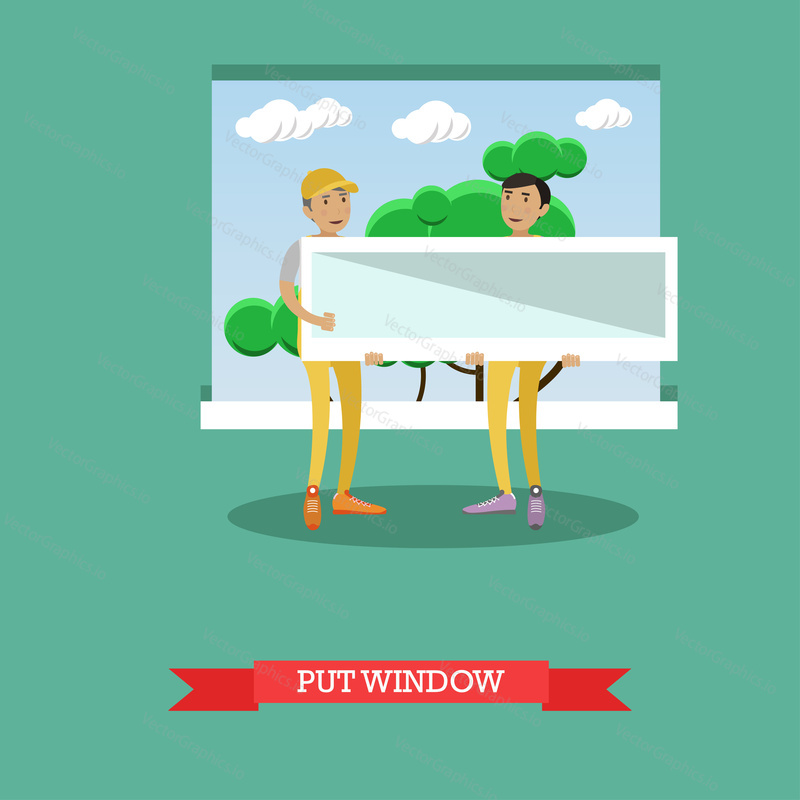 Vector illustration of workers holding plastic window. Window installing, building and repairing a house concept vector illustration in flat style.