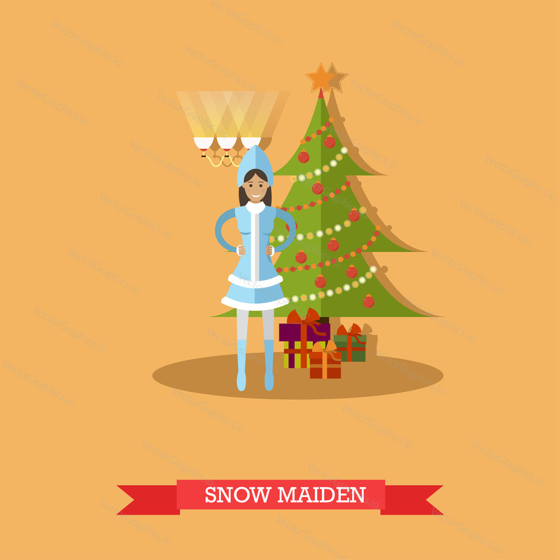 Векторная иллюстрация Снегурочки, стоящей возле украшенной новогодней елки с подарками. Мультяшный персонаж. Элемент дизайна Happy New Year в плоском стиле.