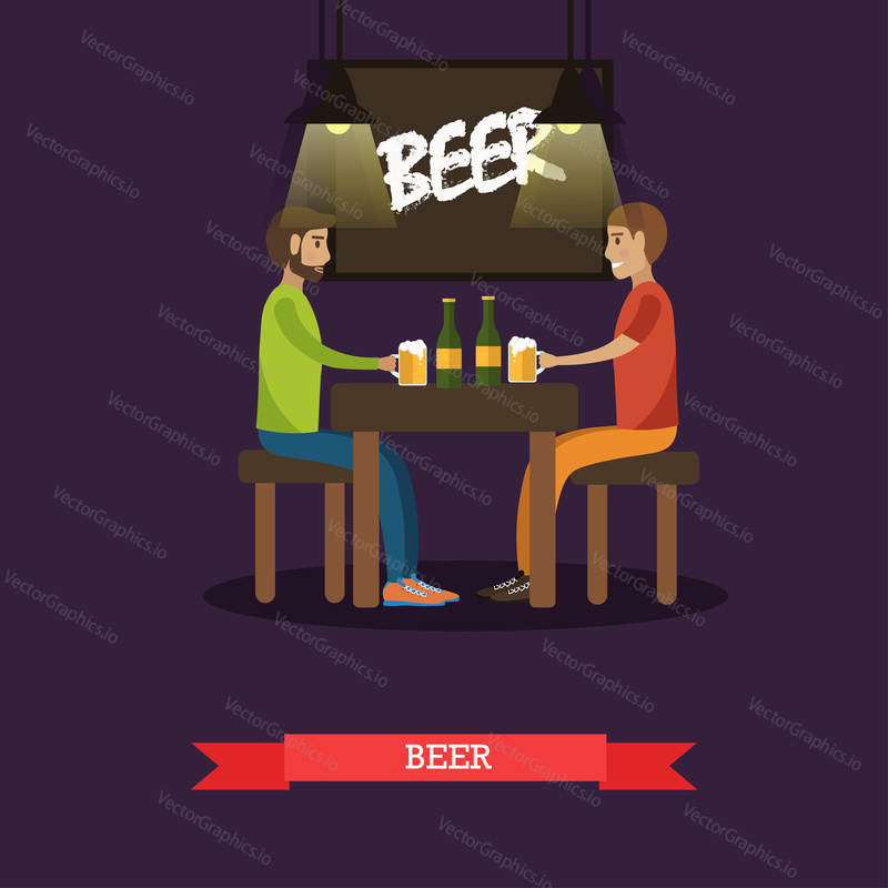 Vector illustration of two men enjoying beer in bar, pub, cafe or restaurant, flat style design elements.
