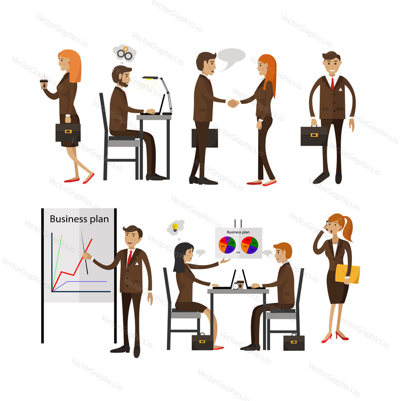 Vector set of office people characters isolated on white background in flat style. Business people having meetings, demonstrating business plan. Office life and supplies.