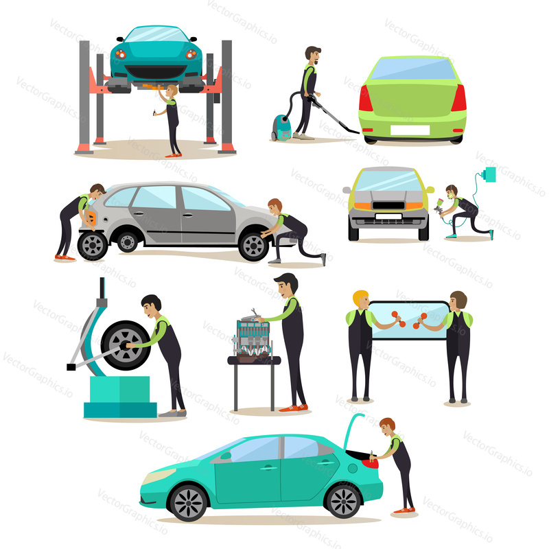 Vector set of car service station, auto repair shop workers icons isolated on white background. Flat style design elements.