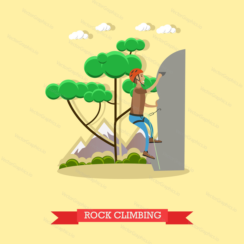 Vector illustration of rock climbing man. Extreme sports concept design element in flat style.