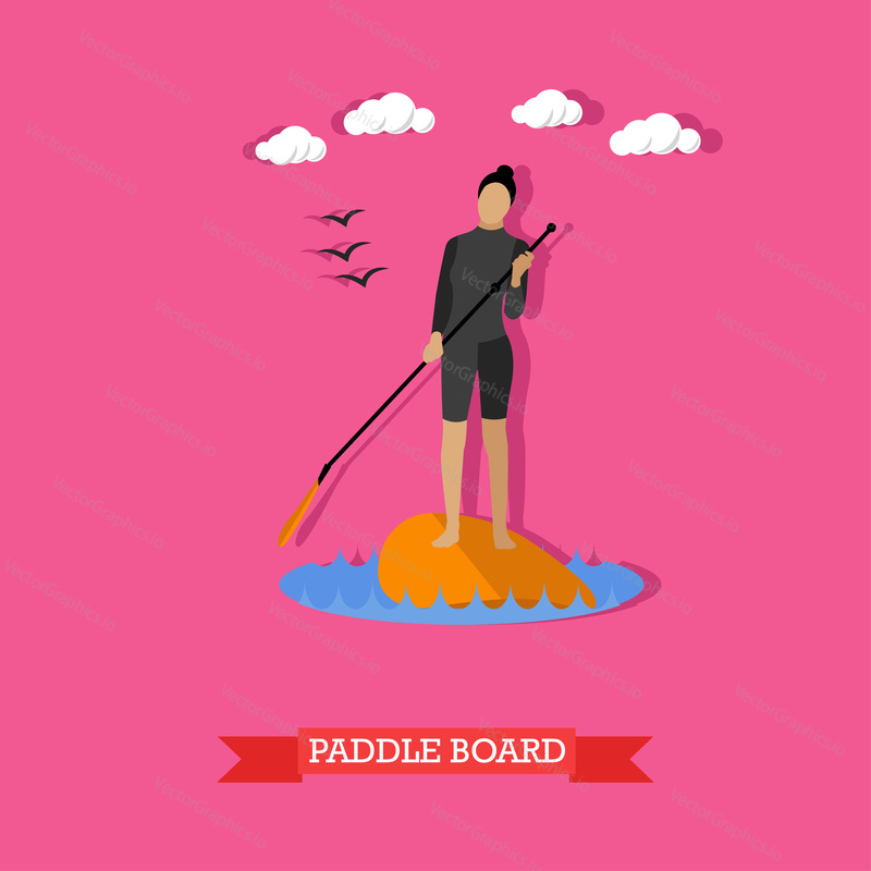 Young woman in wetsuit swim on stand up paddle board. SUP surfing. Active lifestyle. Vector illustration in flat design