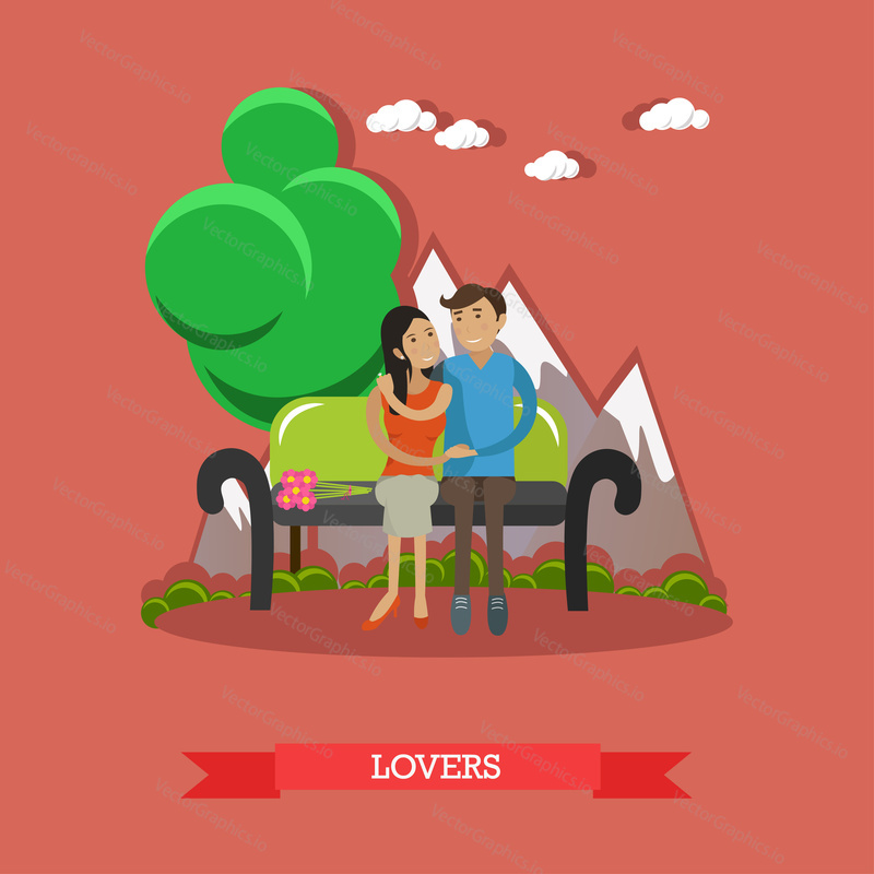 Couple sitting on bench with mountain on background. Love and romantic concept vector illustration. Cartoon characters.