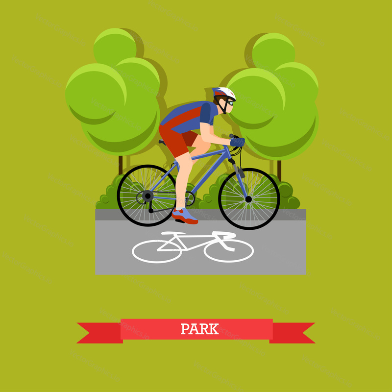 Vector illustration of cyclist riding on bike in the park. Sports equipment, helmet, gloves, glasses, sneakers and bicycle. City landscape. Flat design