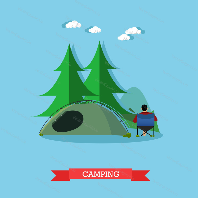 Summer recreation concept vector banner in flat style. People camping in national park forest.