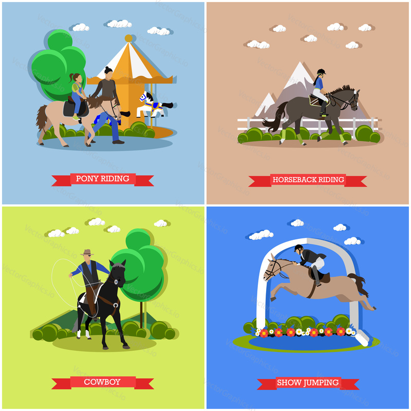 Vector set of horse theme. Pony riding in amusement park, horseback riding, horse show jumping and cowboy on horseback with lasso. Flat design