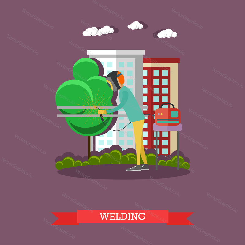 Vector illustration of professional welder working at building site. Construction concept vector illustration in flat style.