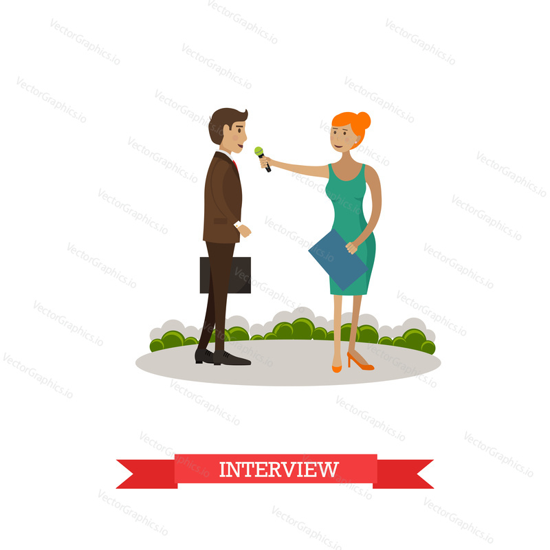 Vector illustration of woman doing interview and man giving interview in the street. The news reporter, journalist and businessman characters. Mass media jobs concept design element in flat style