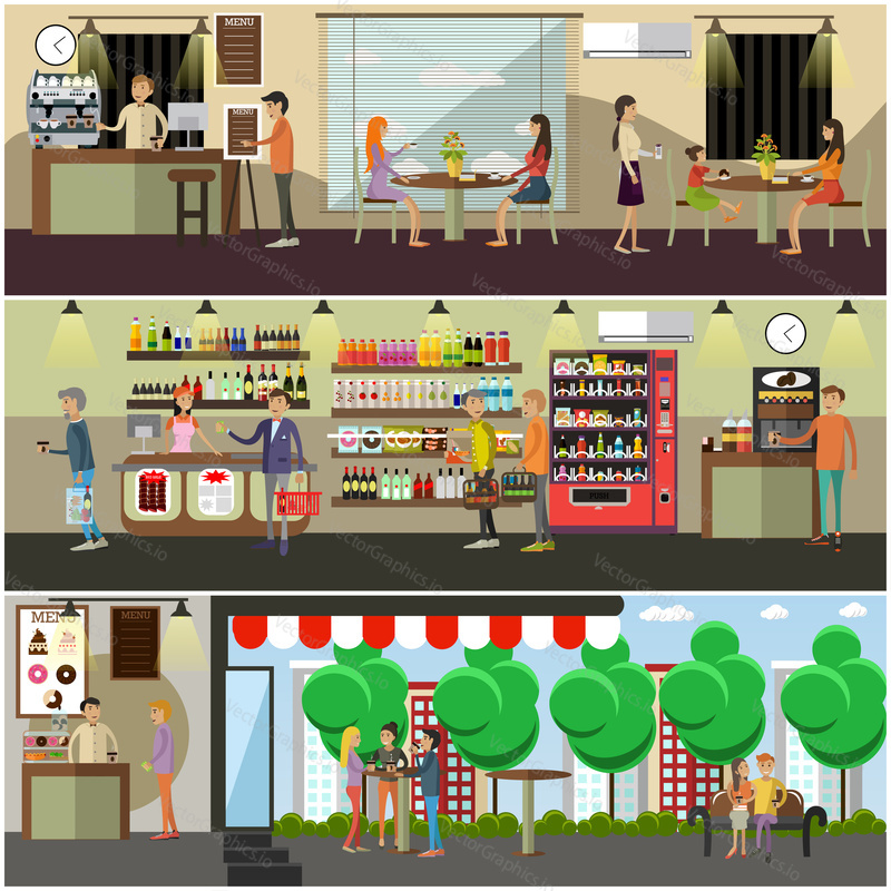 Vector set of coffee shop, coffee house, cafe interior, street cafe with buyers, sellers design elements, posters, banners in flat style.