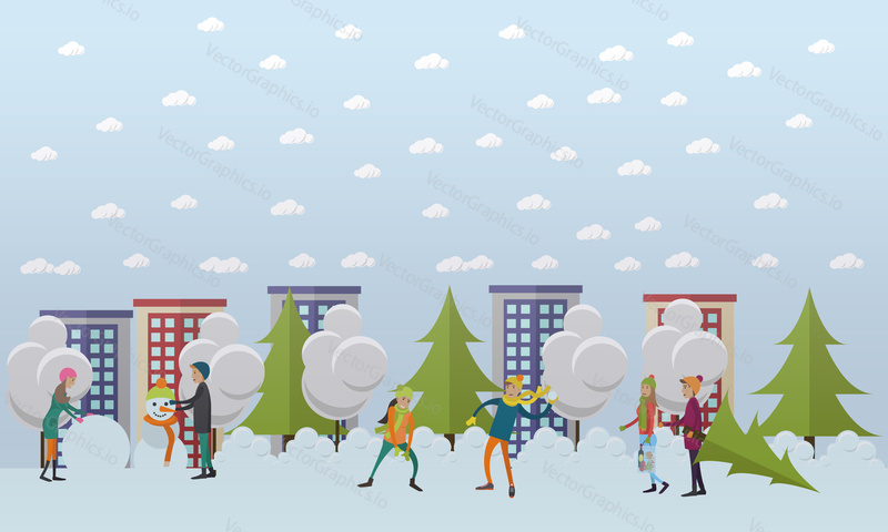 Winter activities, christmas time concept vector illustration in flat style. Snowy street, city life. People playing snowballs, making snowman, buying christmas tree design elements.