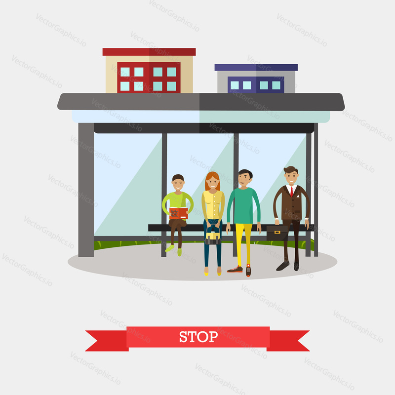 Vector illustration of bus stop and people waiting for city bus. Street traffic concept design element in flat style.