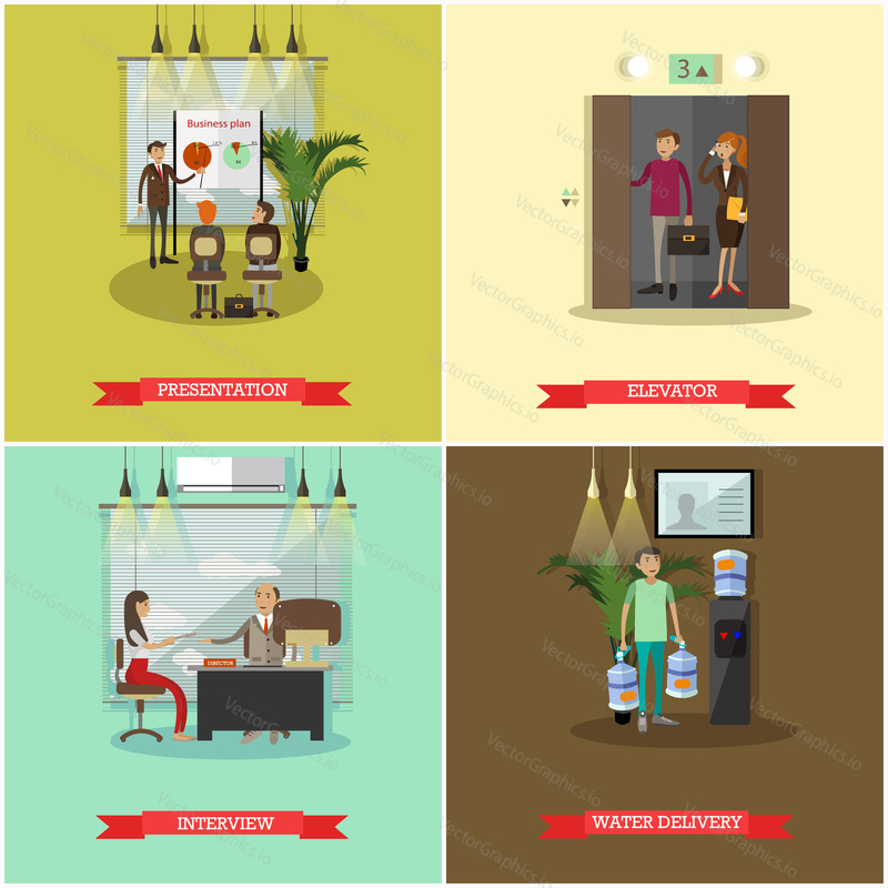 Vector set of business people concept posters, banners. Presentation, Elevator, Interview and Water delivery design elements in flat style.