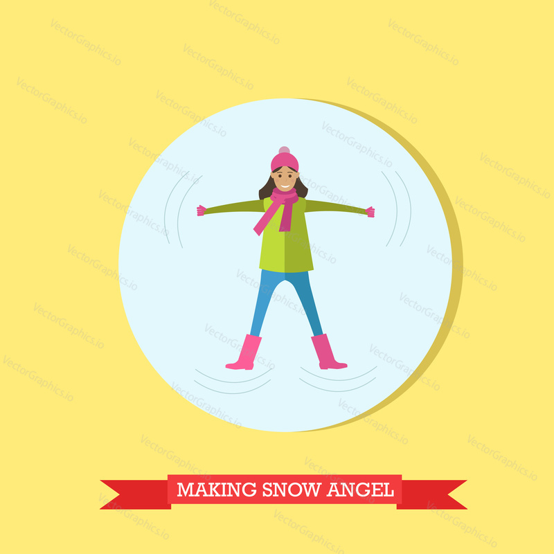 Vector illustration of girl making snow angel. Winter people activities concept design element in flat style.