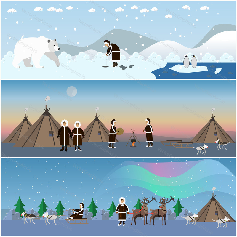 Vector set of wild north arctic banners, posters in flat style. Arctic animals and eskimo characters in traditional clothing, their houses. People fishing, cooking, dancing around the fire.