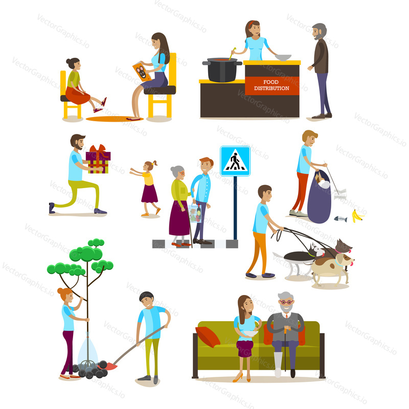 Vector set of volunteers helping lonely kids, the elderly with food, gifts, planting trees, walking dogs, collecting garbage in the street. Cartoon characters, flat icons isolated on white background.