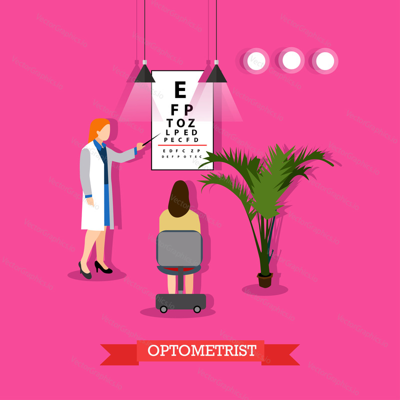 Ophthalmology concept vector illustration in flat style. Doctor woman optometrist checking patients vision with chart for visual acuity testing.
