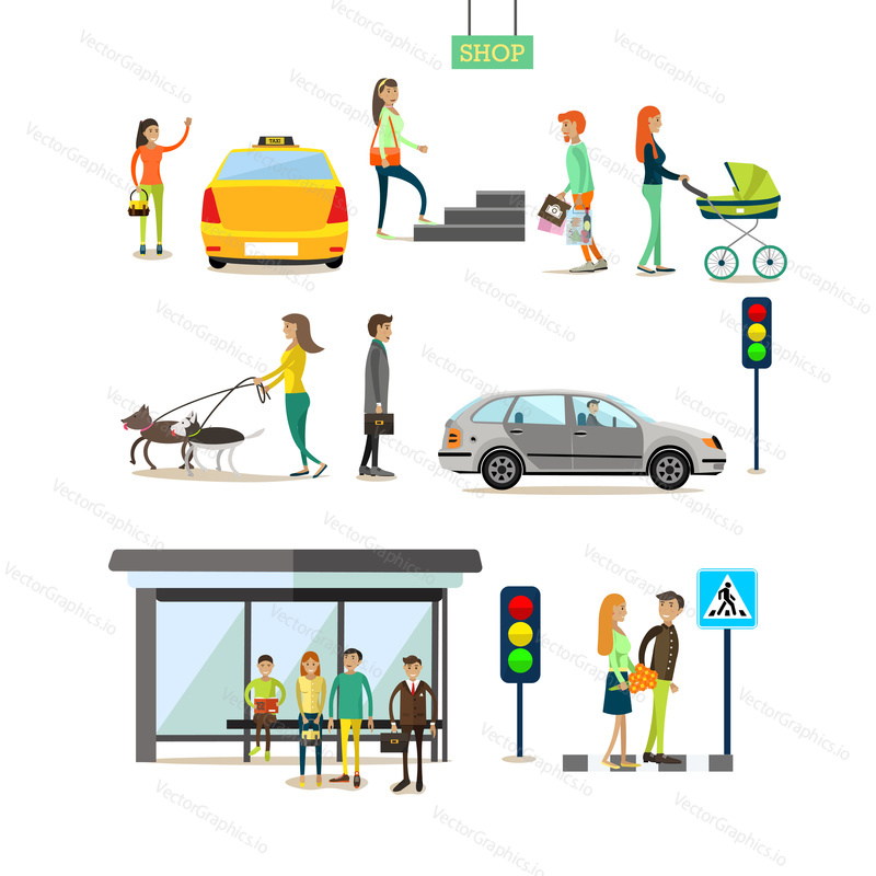 Vector set of street traffic concept design elements in flat style. People crossing street, catching taxi, walking dogs, going shopping. Mother with baby carriage. Bus stop, traffic lights, road sign.