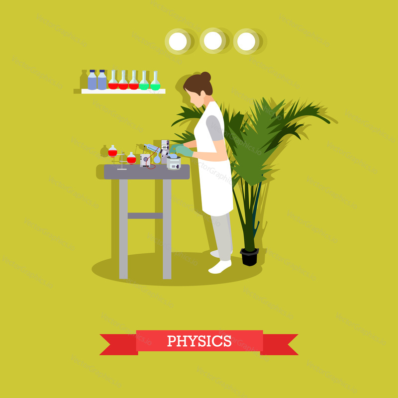 Physics research concept vector illustration in flat style. Physicist woman carrying out experiment. laboratory interior, glassware and equipment.
