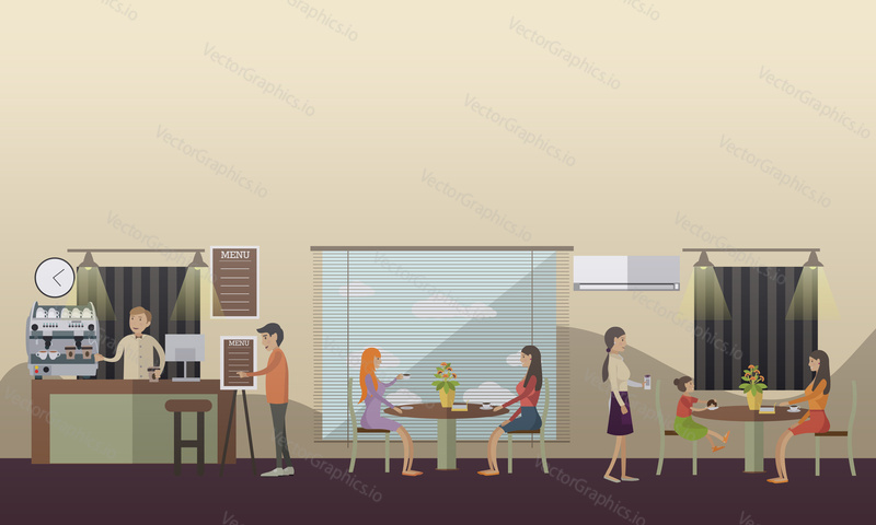 Vector illustration of barista making coffee to go, people drinking coffee and eating donuts. Coffee cafe concept design elements in flat style.