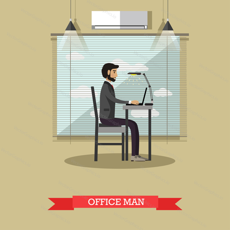 Vector illustration of office man, businessman working at the computer. Modern gadgets in business concept design element in flat style.