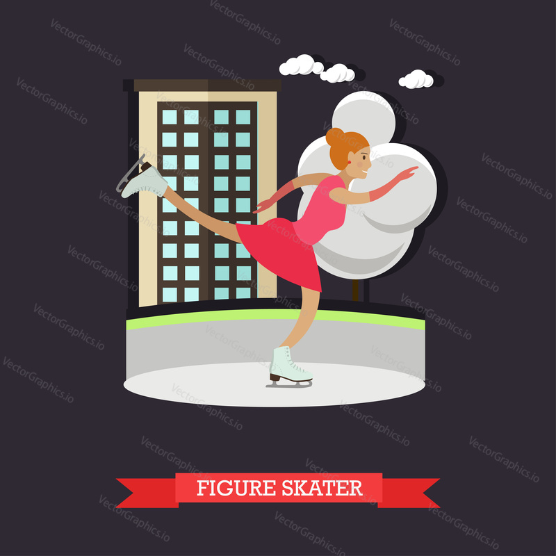 Vector illustration of Figure Skater woman training at skating rink. Cartoon character. Winter sports concept design element in flat style.