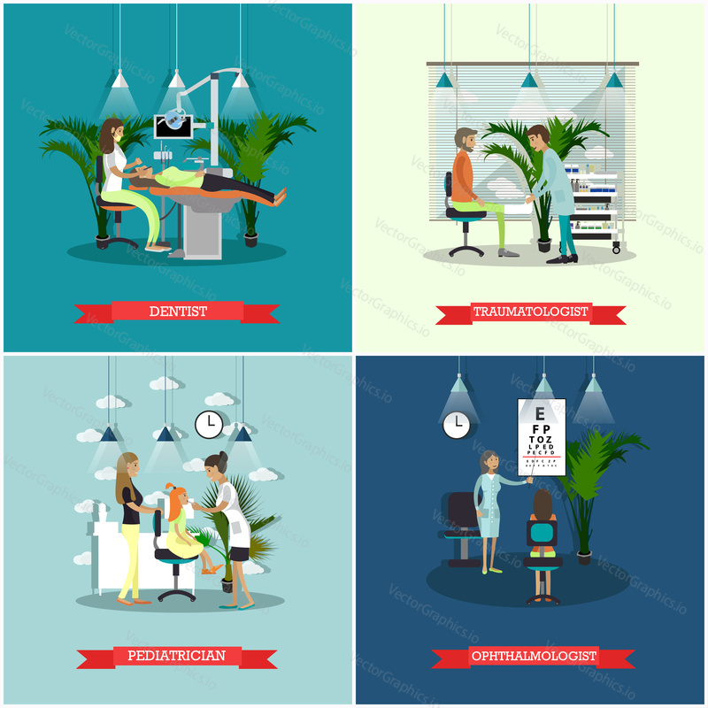 Vector banners set with patients, doctors and hospital interiors. Health care and medicine concept. People in hospital. Medical check up, surgery. Flat cartoon illustration.