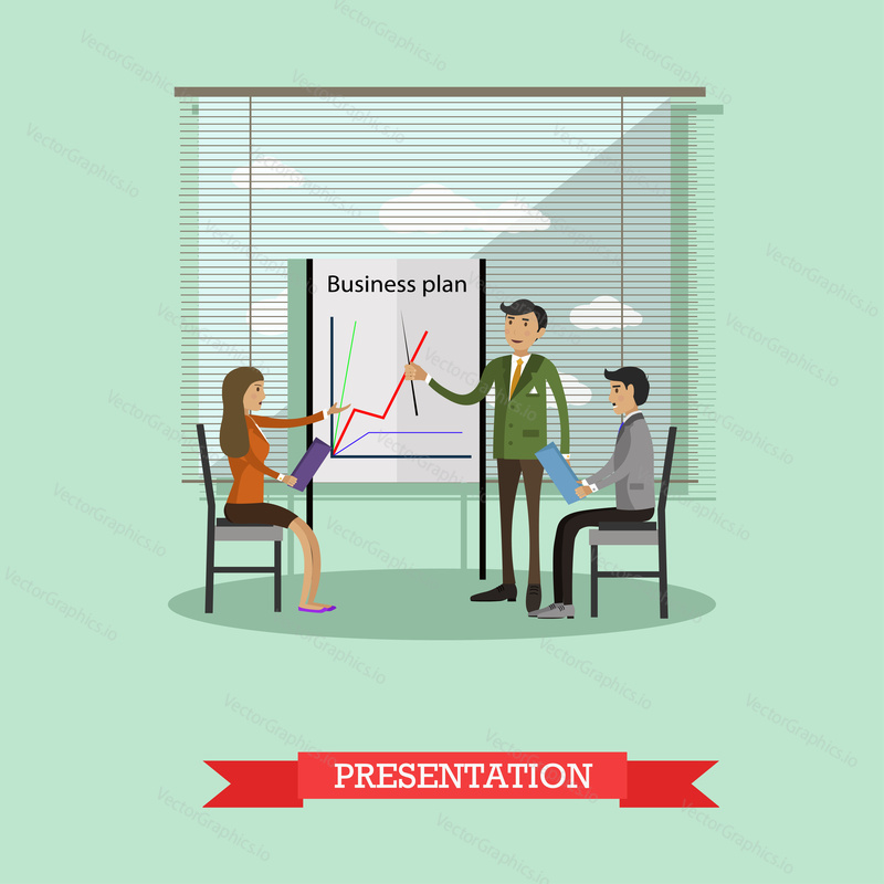 Vector banner concept with business presentations and meetings. Flat design of business people or office workers. Office interior.