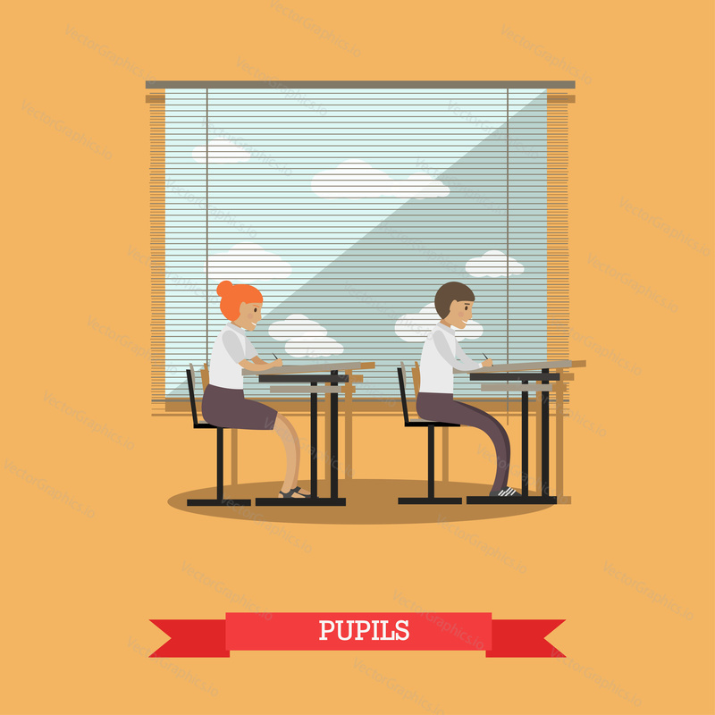 Vector illustration of schoolboy and schoolgirl sitting at the desks in classroom at the lesson. School concept design element in flat style.