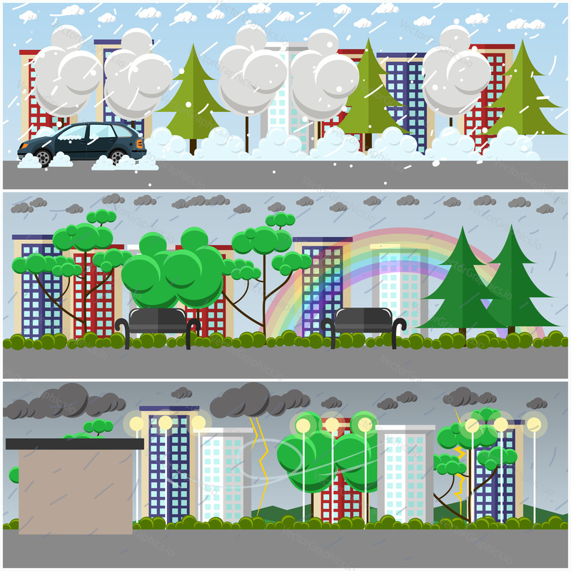 Vector set of weather concept posters, banners. Blizzard, rain and storm, cityscape, city park and street flat style design elements.