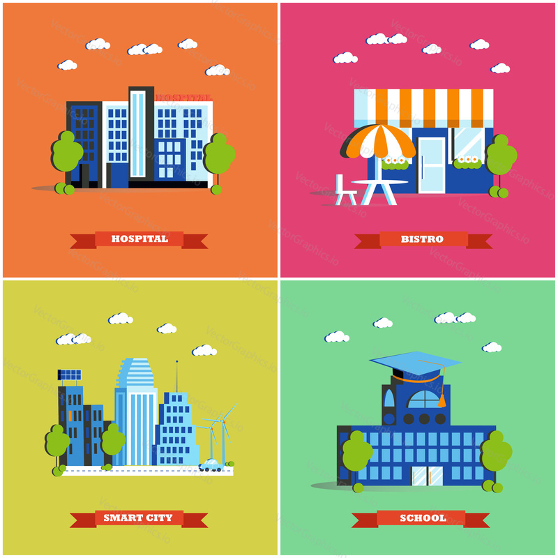 Modern cityscape vector illustration. City buildings set in flat style. Hospital, bistro, smart city and school. Colorful design