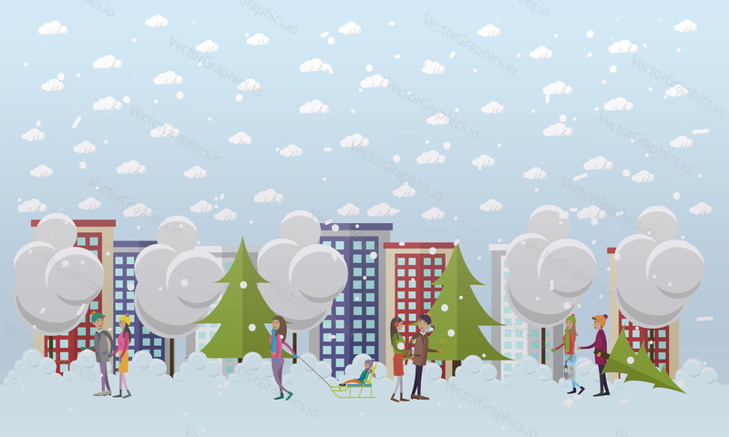 Christmas mood concept vector illustration in flat style. Christmas time. Snowy street, city life. People walking in the street, shopping, mother sledding her daughter design elements.