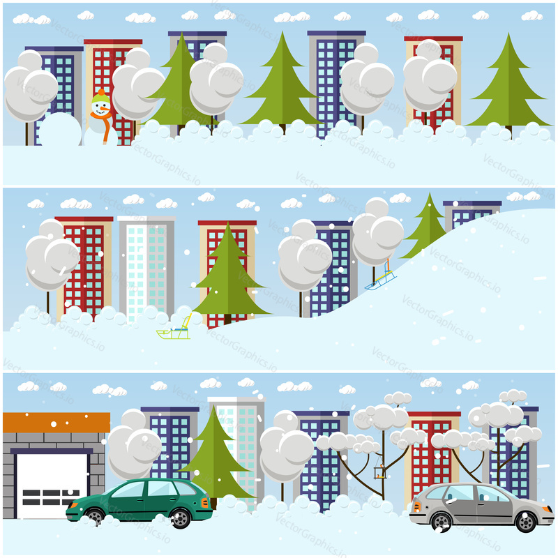 Vector set of winter cityscape concept design elements in flat style. Winter cityscape. Snowy streets, buildings, trees, cars.