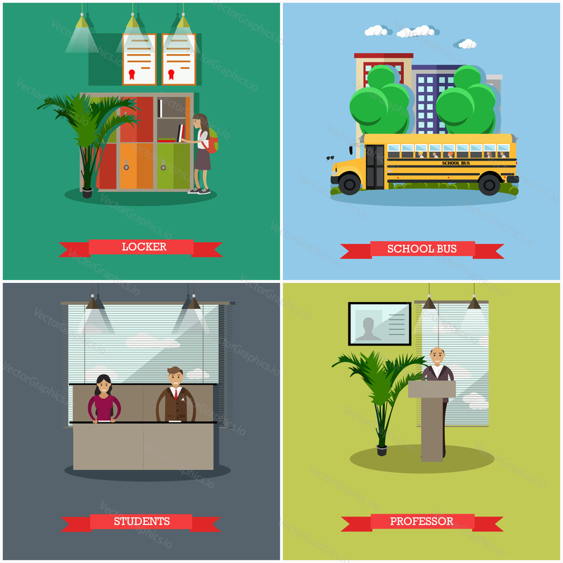 Векторный набор школьных концептуальных плакатов. Шкафчик, школьный автобус, элементы дизайна студентов и профессора в плоском стиле.