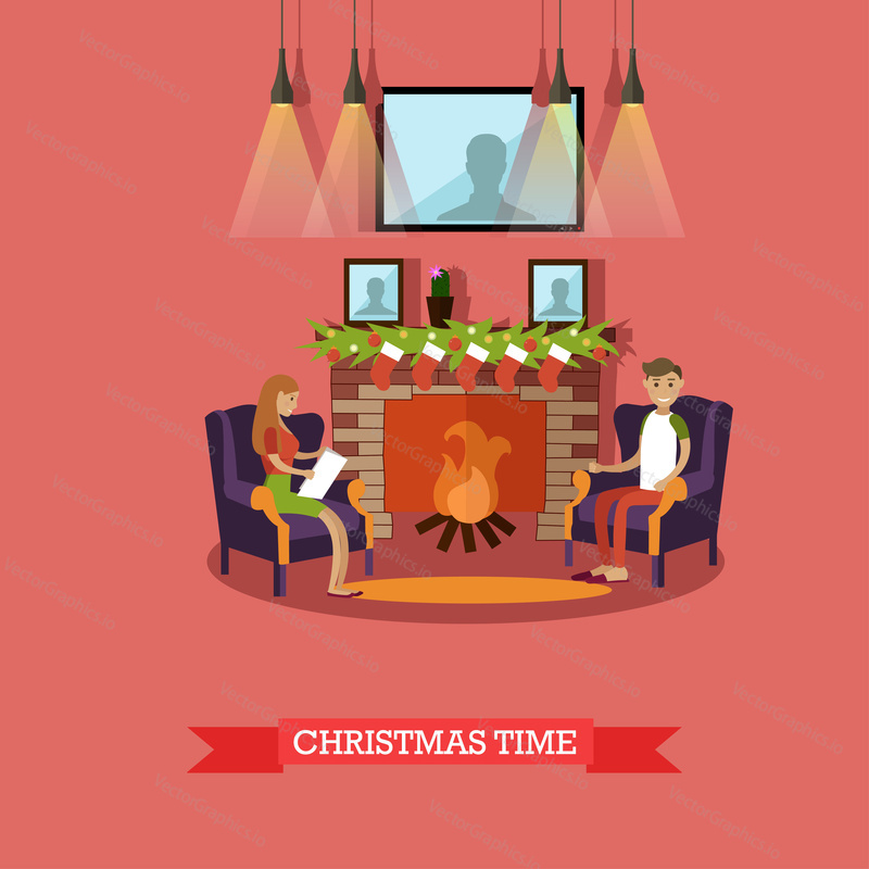 Vector illustration of young man and woman sitting in armchairs near fireplace decorated with christmas stockings. Christmas time. Merry Christmas and Happy New Year design element in flat style.