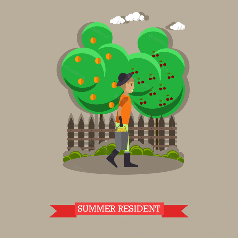 Summer resident, vector illustration in flat style. Gardener man with bucket of ripe pears.
