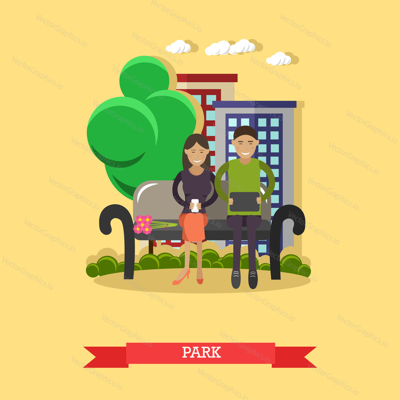 Vector illustration of young man and woman sitting on the bench using smartphone, tablet. Modern gadgets for daily life concept design element in flat style.